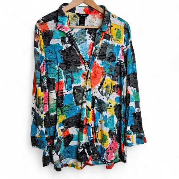 Ali Miles Womens Knit Abstract Multicolor Print Button-Down Tunic Top Sz L Artsy - Picture 2 of 12